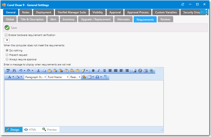 Catalog Item Properties Dialog Box / Requirements Tab