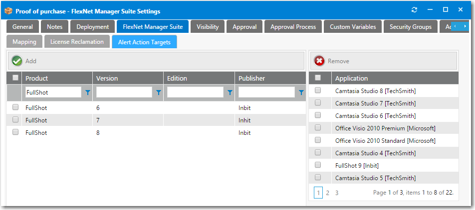 Catalog Item Properties Dialog Box / FlexNet Manager Suite > Alert Action Targets Tab